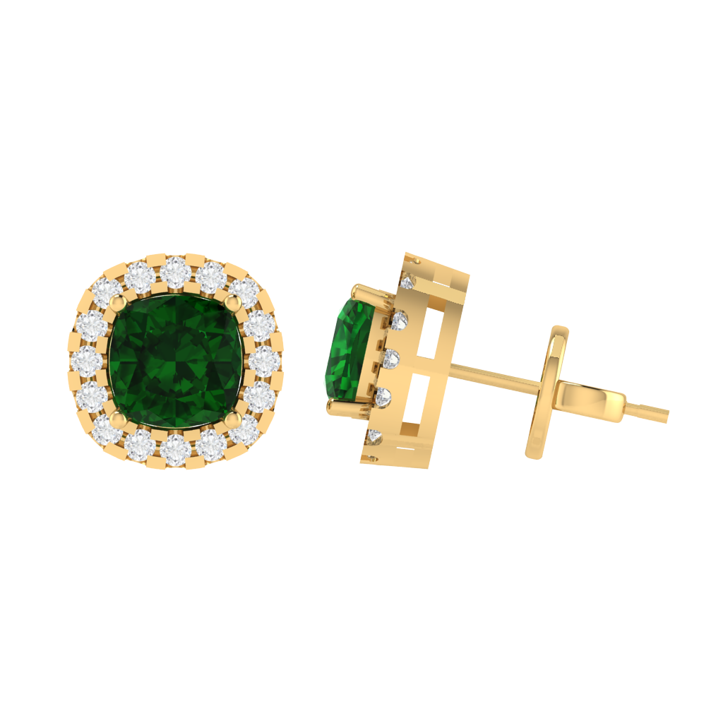 yellow gold plated sterling silver cushion shape emerald stud earrings