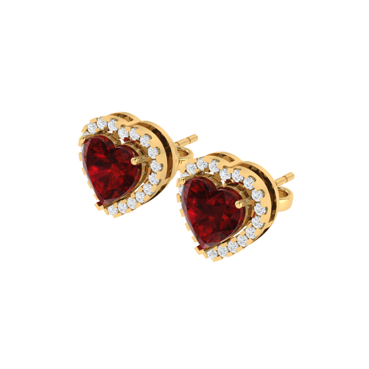 yellow gold plated sterling silver heart shape ruby stud earrings