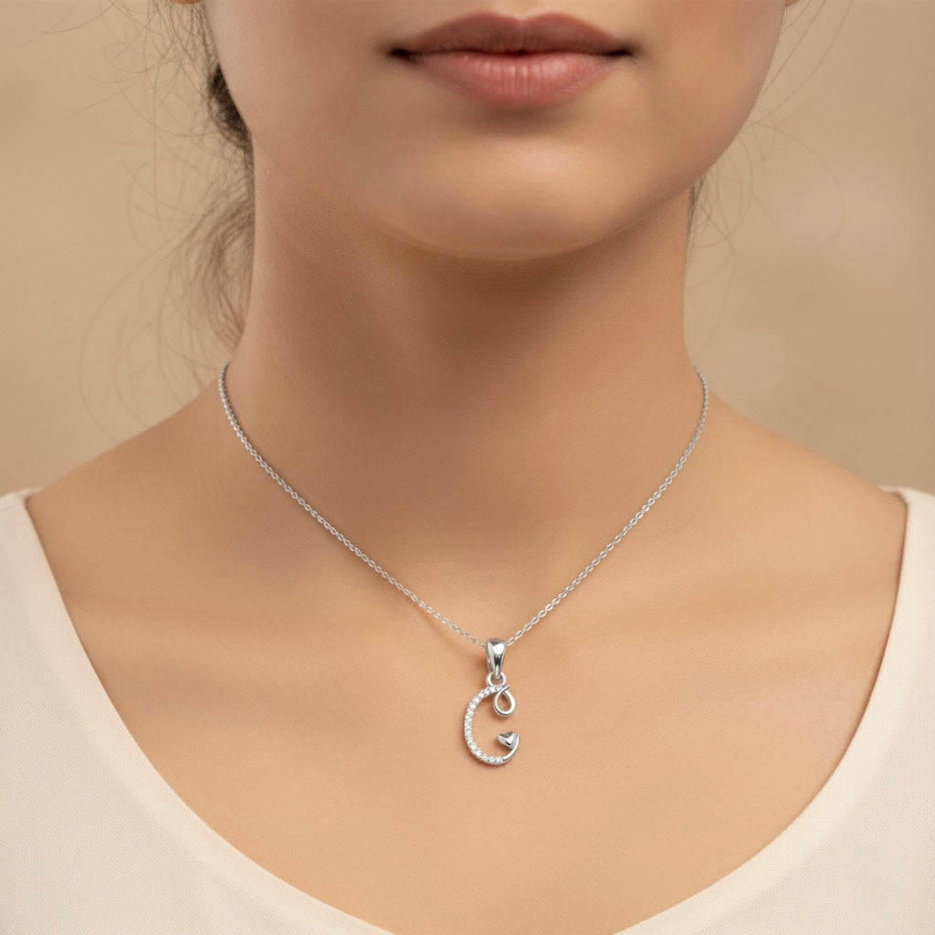 rhodium plated 925 sterling silver letter C pendant