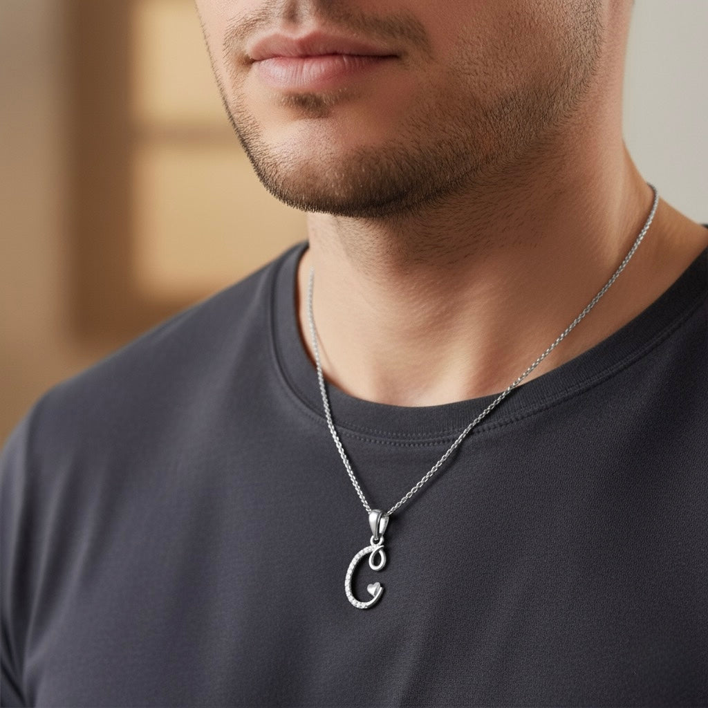 rhodium plated 925 sterling silver letter C pendant