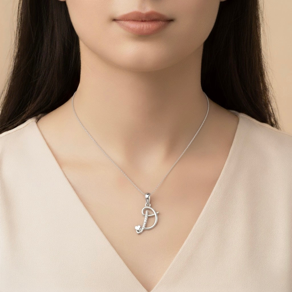 rhodium plated 925 sterling silver letter D pendant
