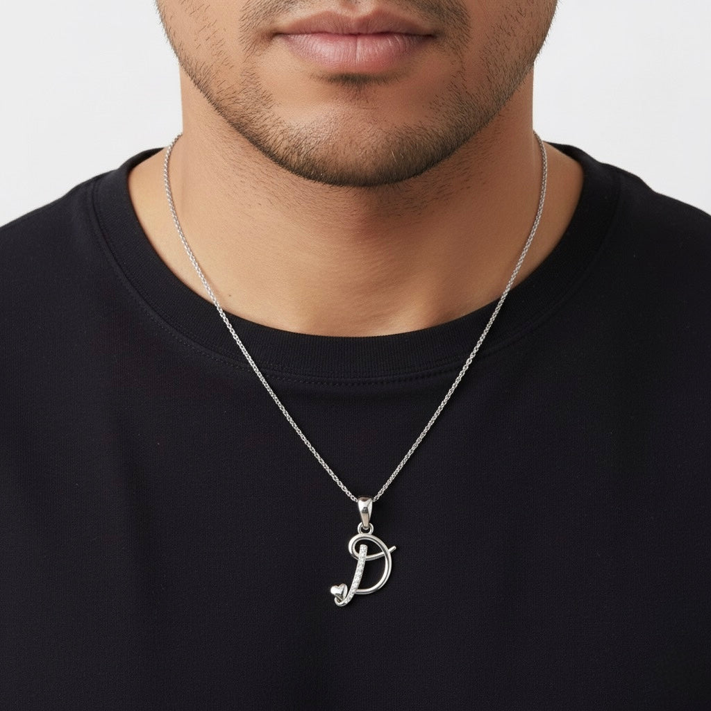 rhodium plated 925 sterling silver letter D pendant