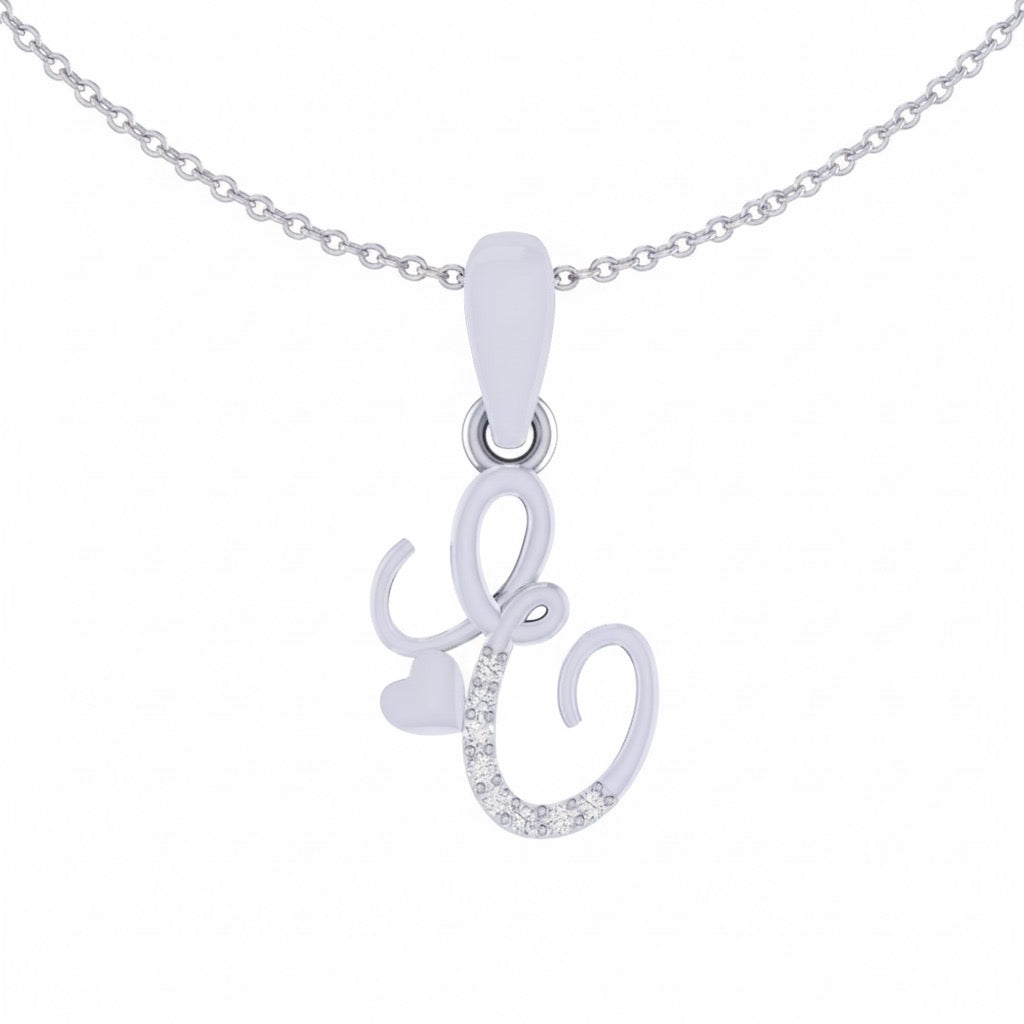 rhodium plated 925 sterling silver letter E pendant with chain