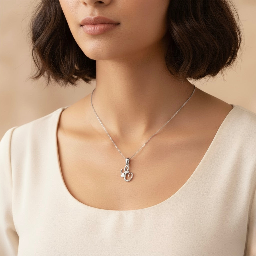 rhodium plated 925 sterling silver letter E pendant