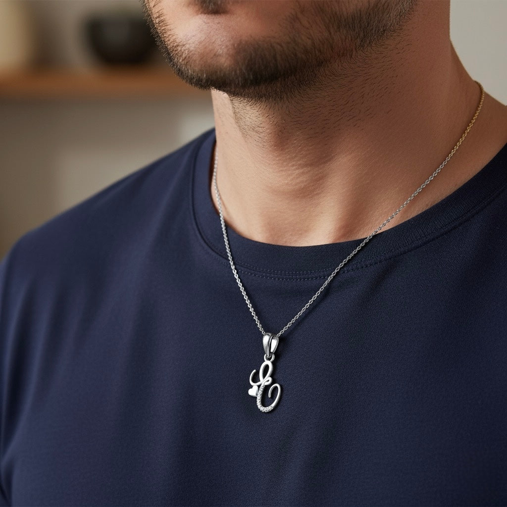 rhodium plated 925 sterling silver letter E pendant