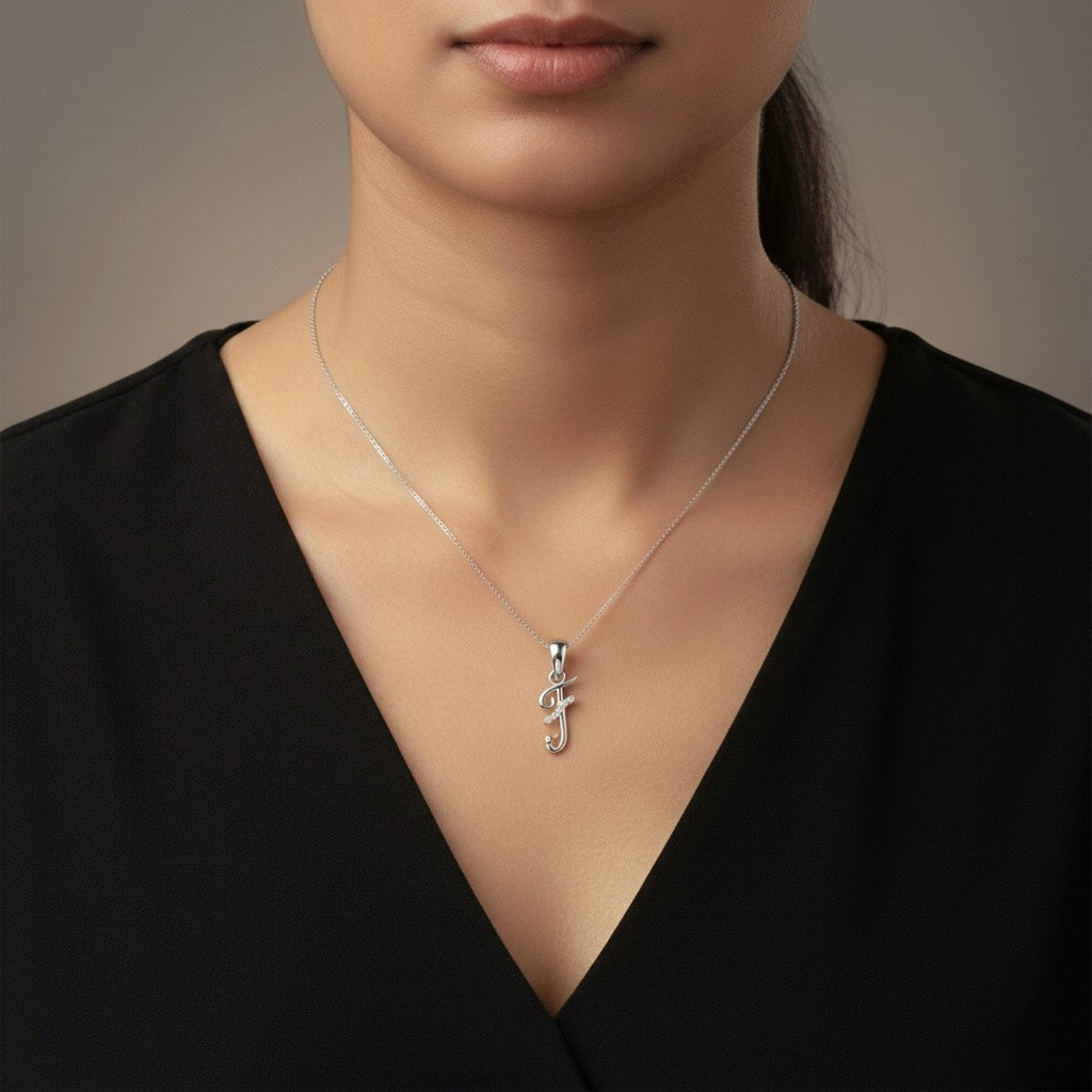rhodium plated 925 sterling silver letter F pendant