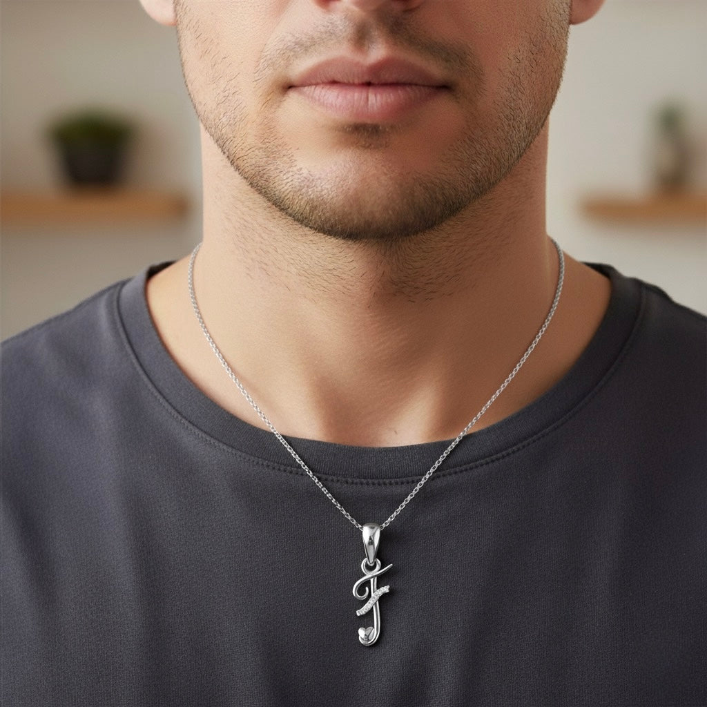 rhodium plated 925 sterling silver letter F pendant