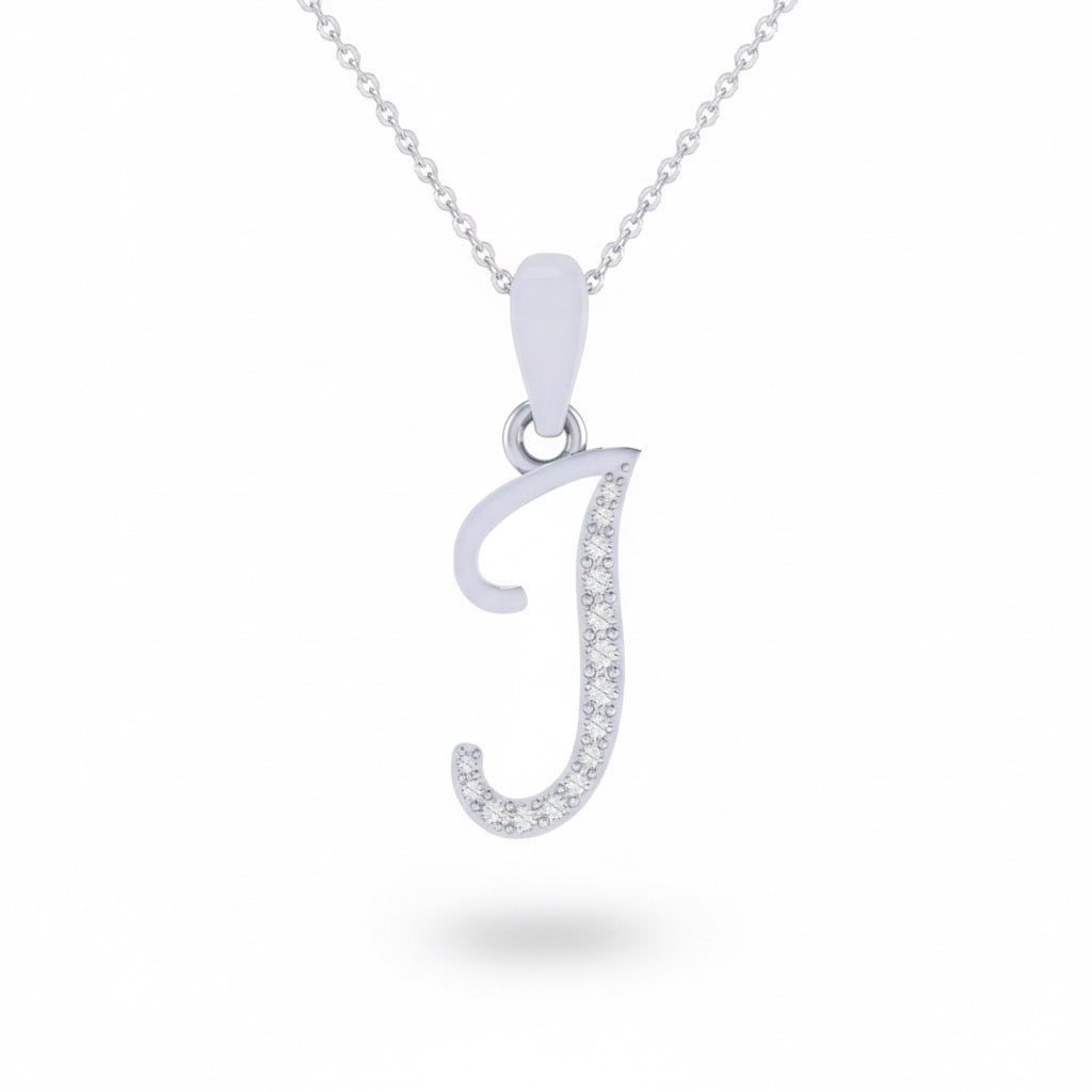 rhodium plated 925 sterling silver letter J pendant with chain