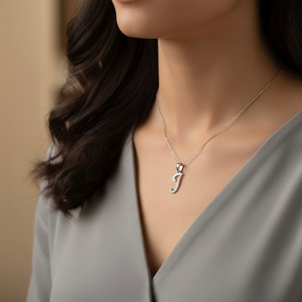 rhodium plated 925 sterling silver letter J pendant