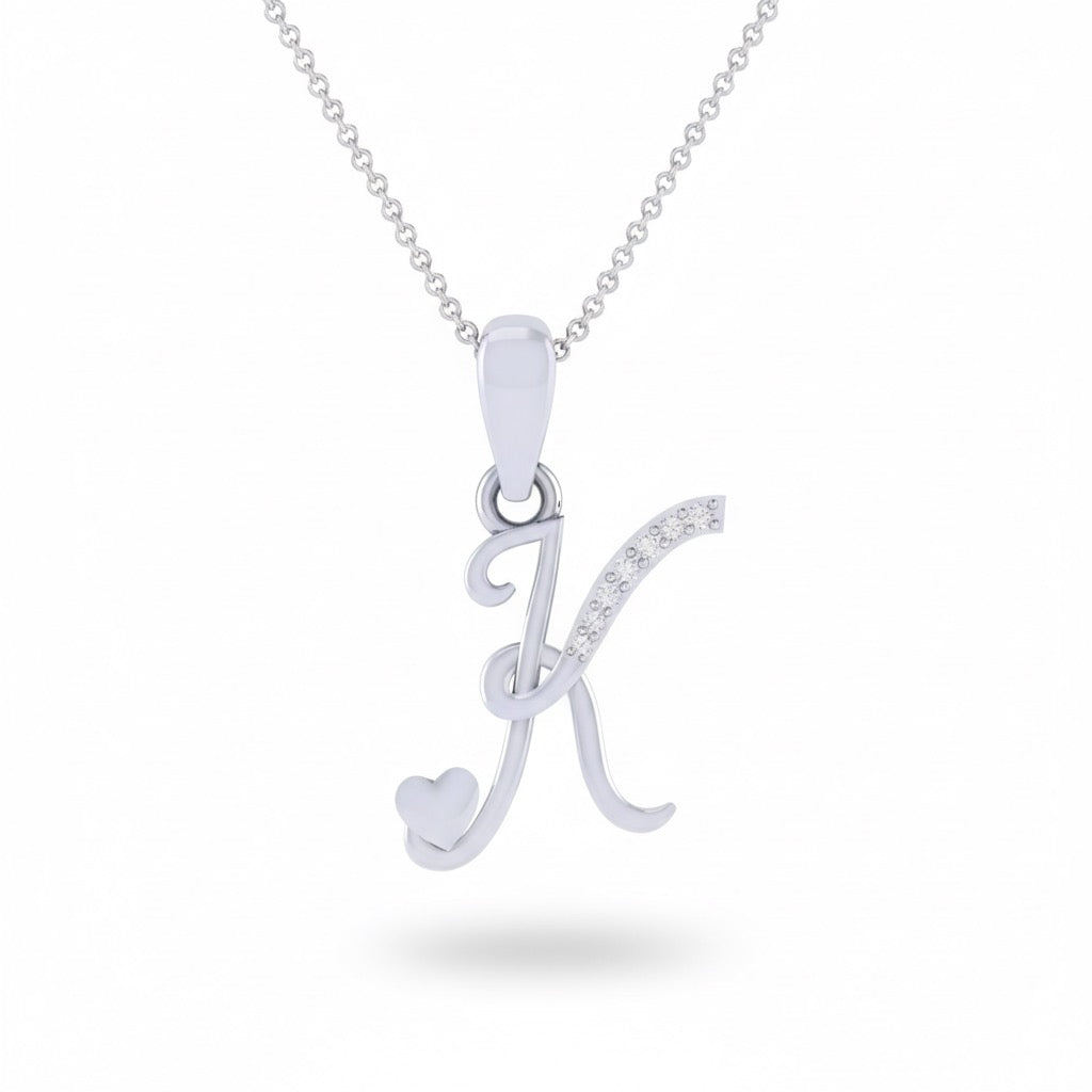rhodium plated 925 sterling silver letter K pendant with chain
