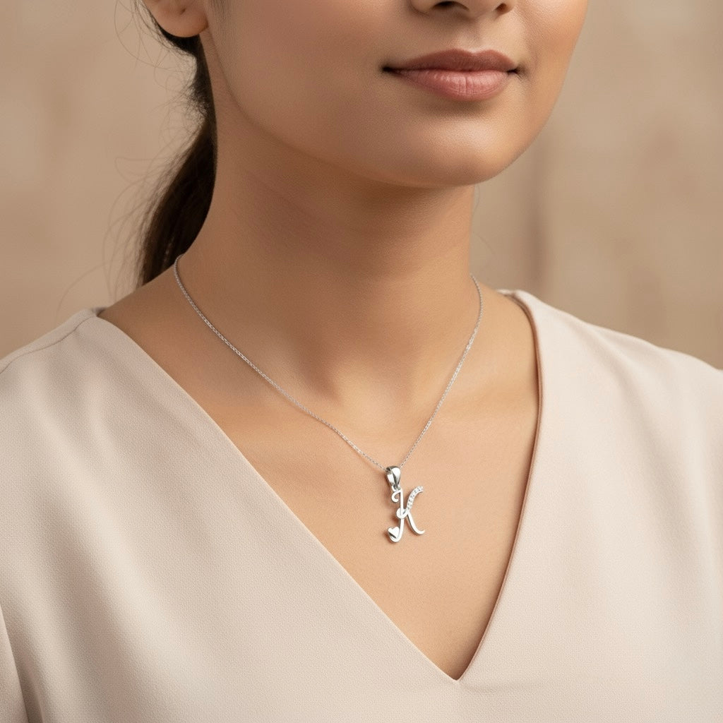 rhodium plated 925 sterling silver letter K pendant