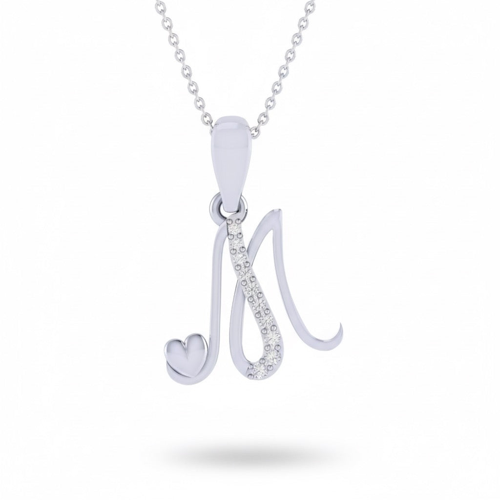 rhodium plated 925 sterling silver letter M pendant with chain