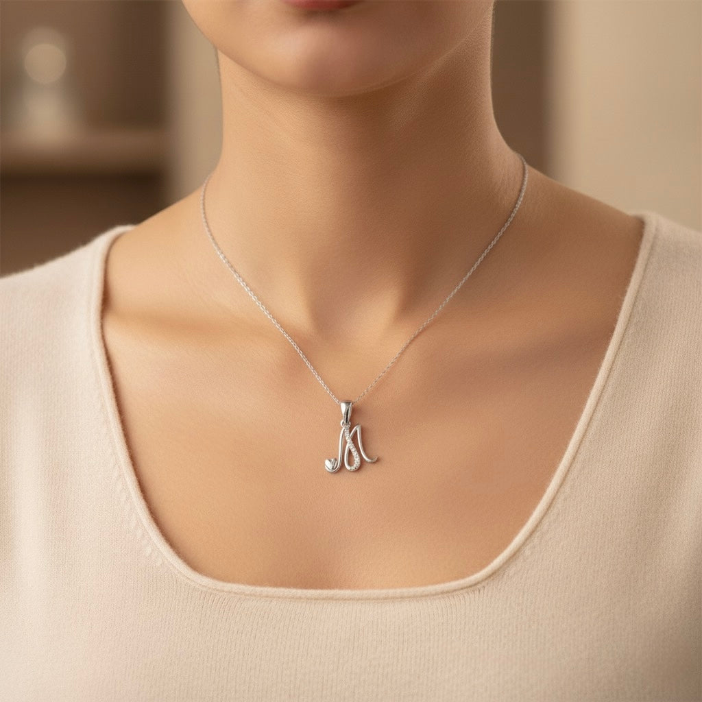 rhodium plated 925 sterling silver letter M pendant