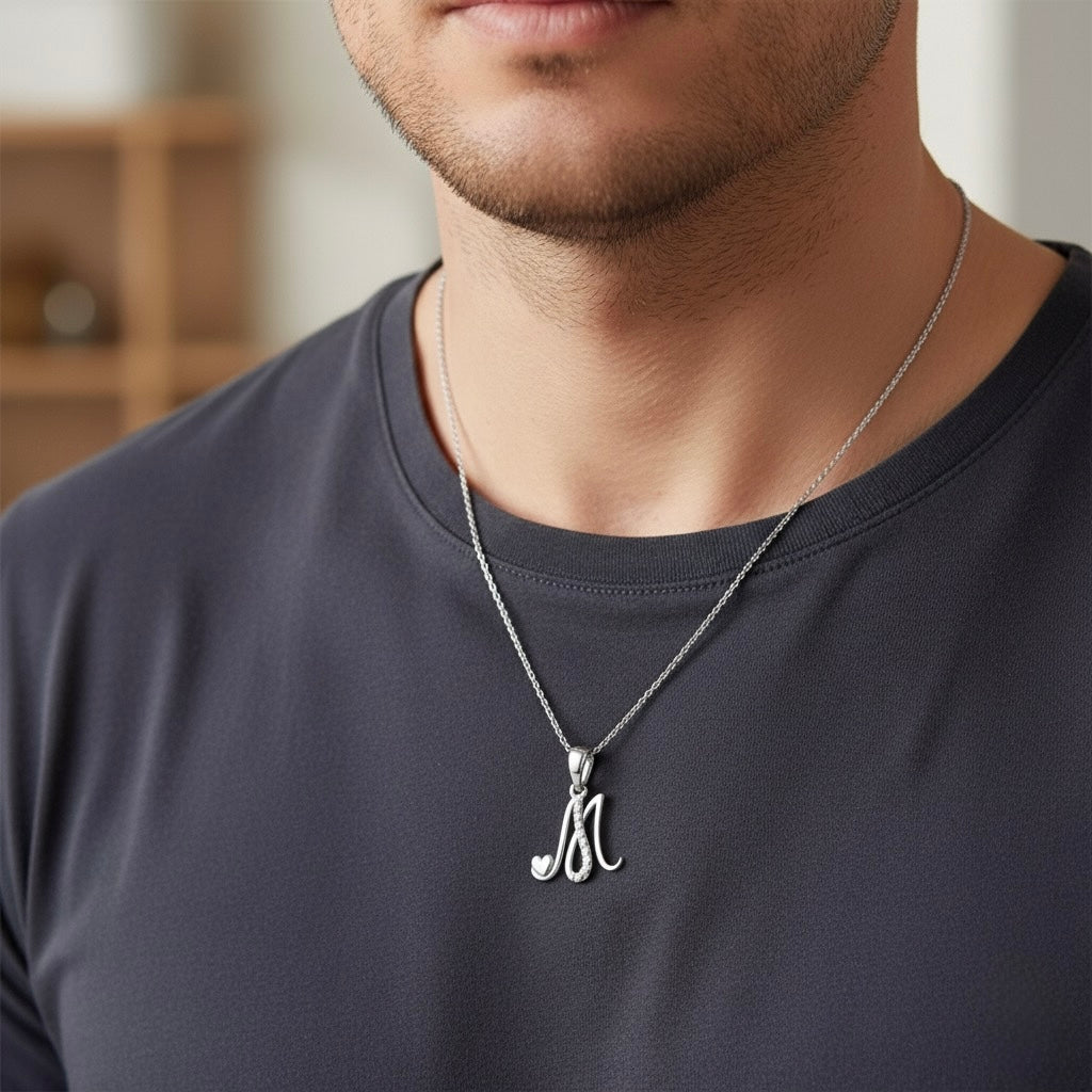 rhodium plated 925 sterling silver letter M pendant