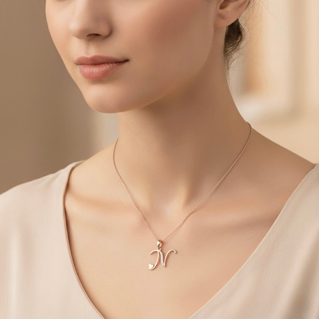 rose gold plated 925 sterling silver letter N pendant