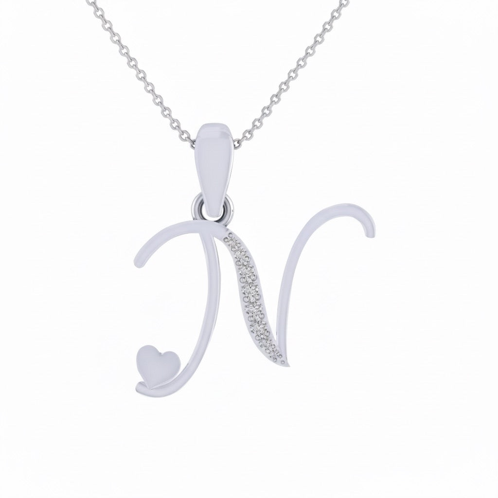 rhodium plated 925 sterling silver letter N pendant with chain
