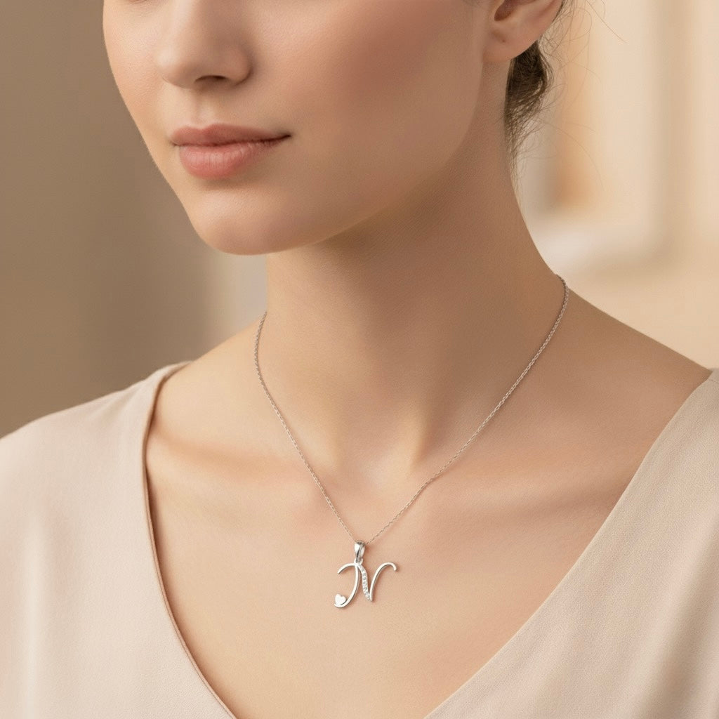rhodium plated 925 sterling silver letter N pendant