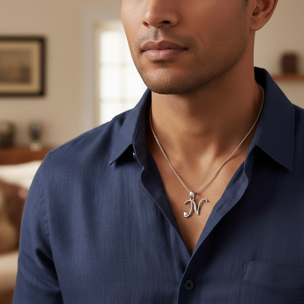 rhodium plated 925 sterling silver letter N pendant