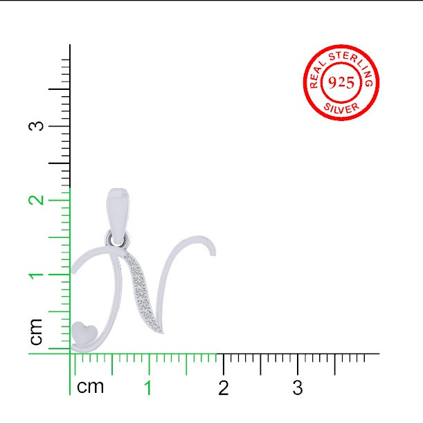 rhodium plated 925 sterling silver letter N pendant