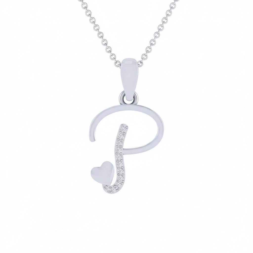 rhodium plated 925 sterling silver letter P pendant with chain