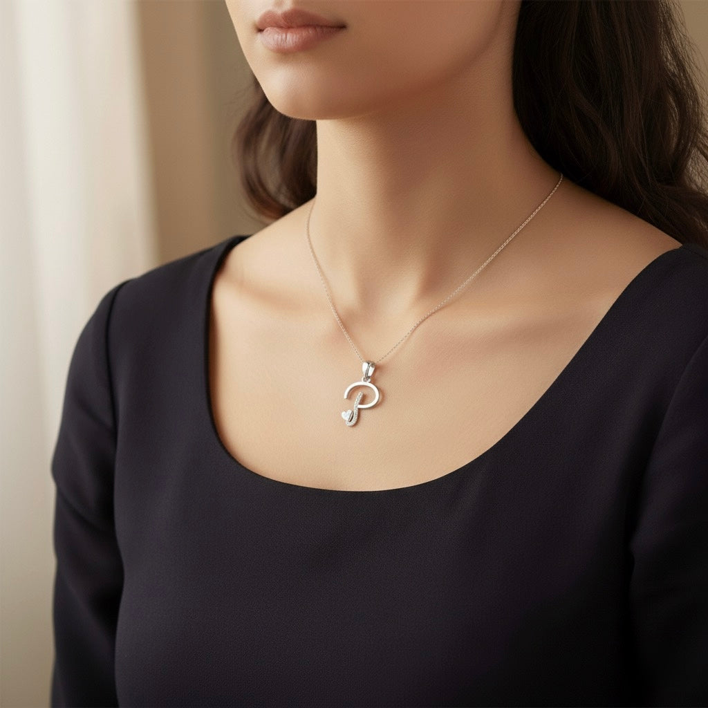 rhodium plated 925 sterling silver letter P pendant