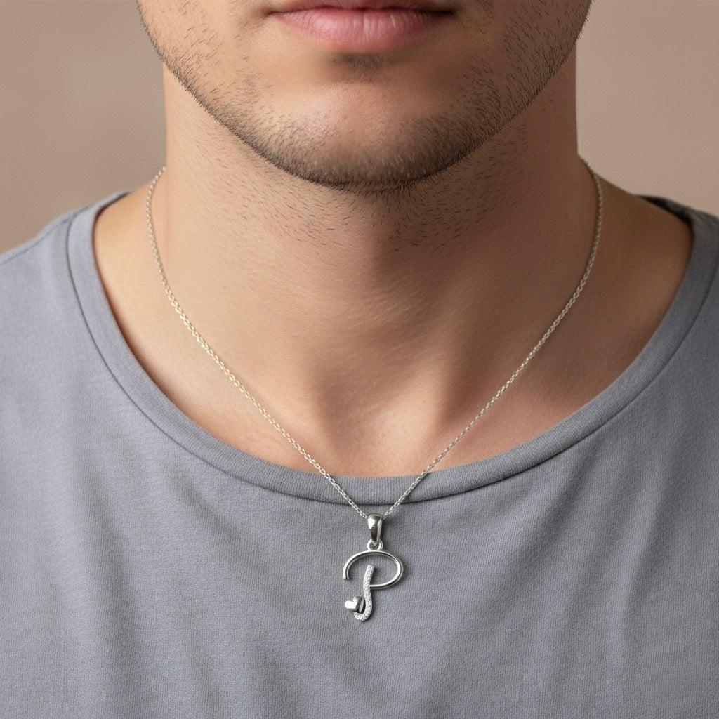 rhodium plated 925 sterling silver letter P pendant