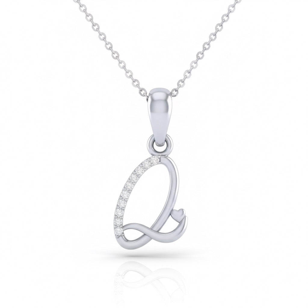 rhodium plated 925 sterling silver letter Q pendant with chain