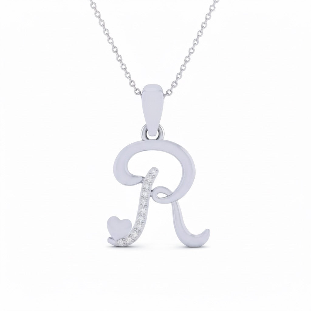 rhodium plated 925 sterling silver letter R pendant with chain