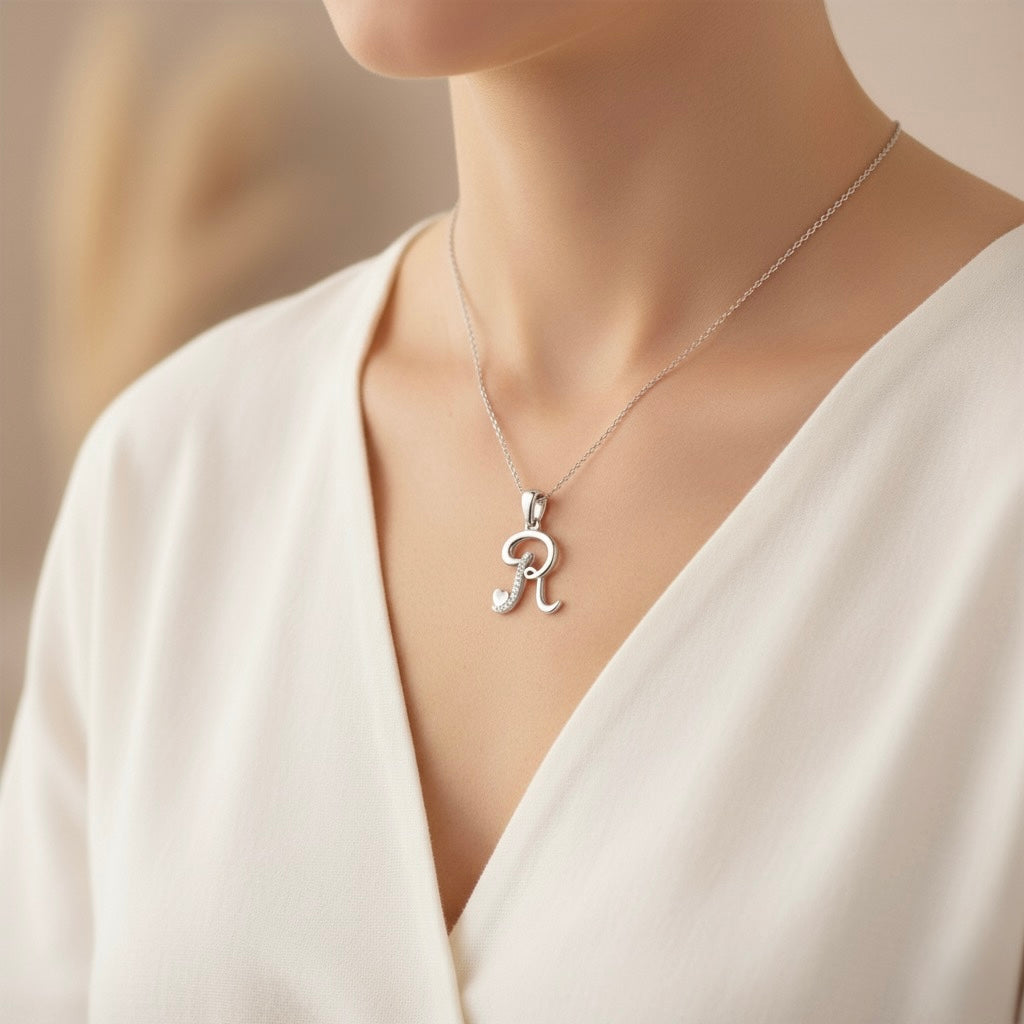 rhodium plated 925 sterling silver letter R pendant