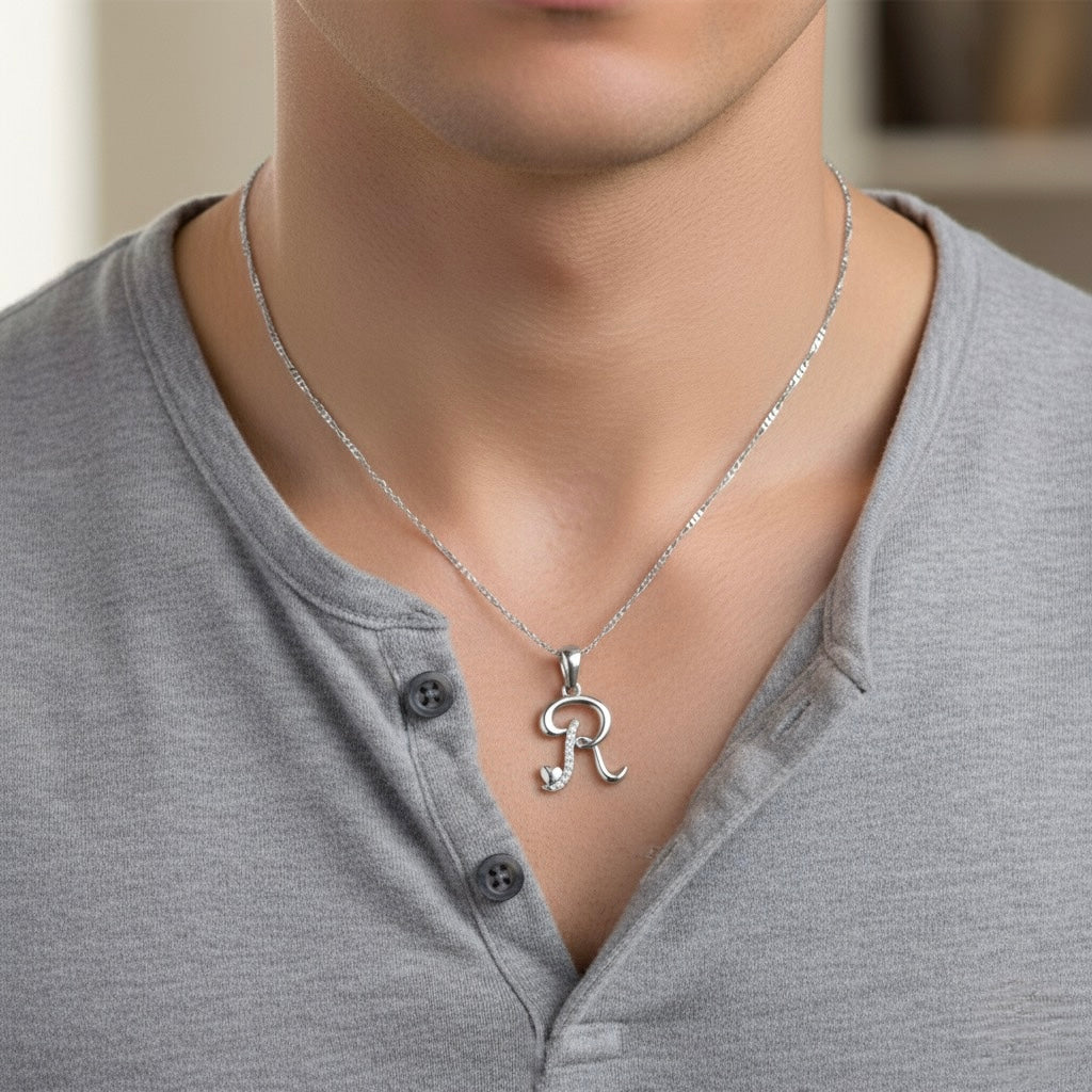 rhodium plated 925 sterling silver letter R pendant