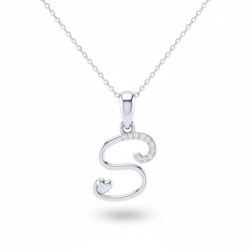 rhodium plated 925 sterling silver letter S pendant with chain