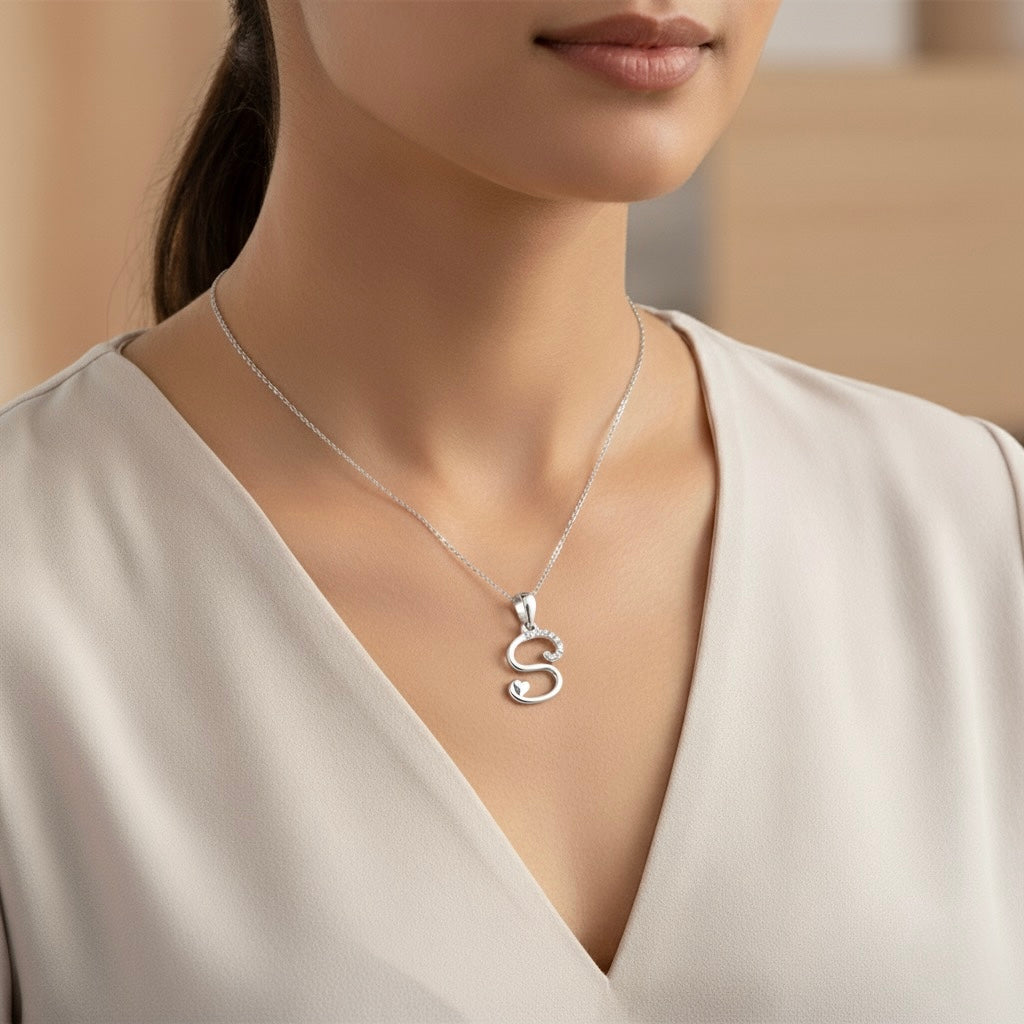 rhodium plated 925 sterling silver letter S pendant