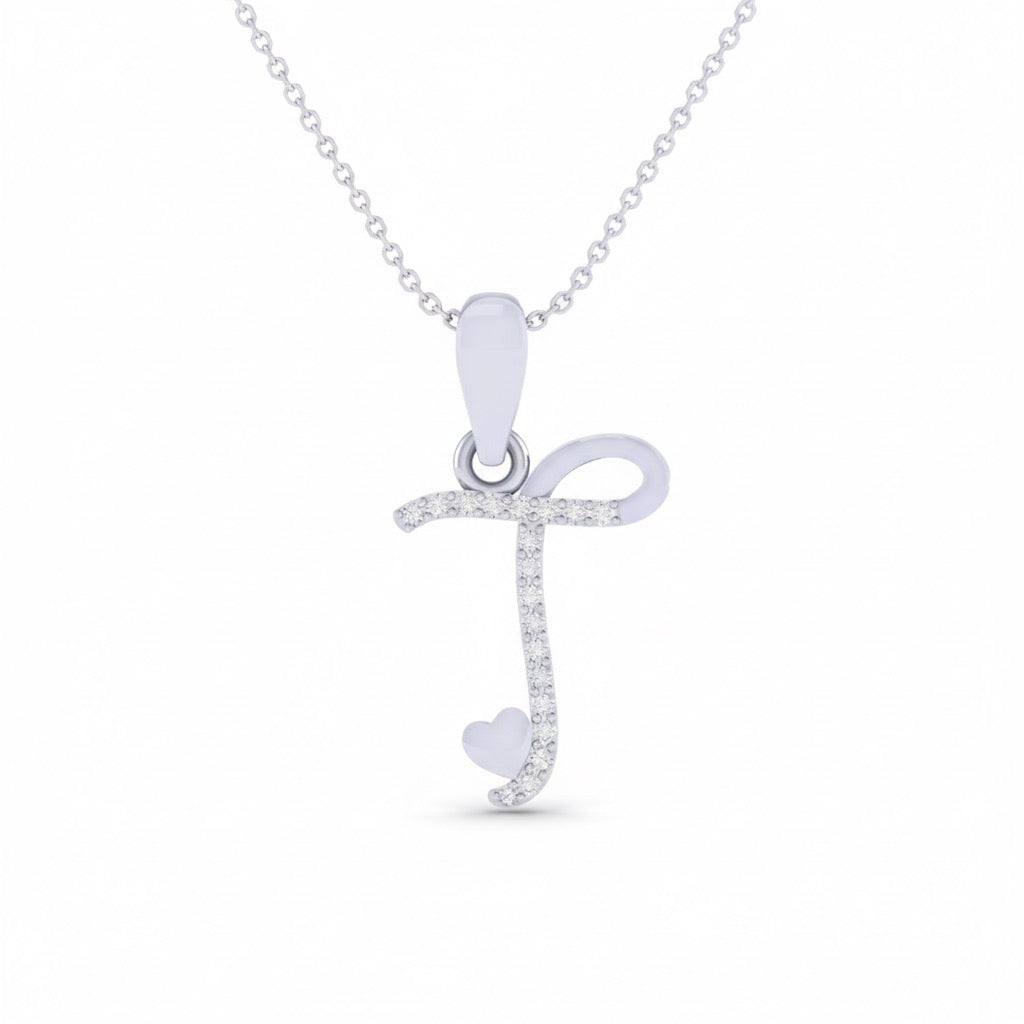 rhodium plated 925 sterling silver letter T pendant with chain