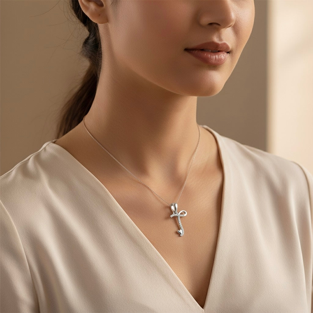 rhodium plated 925 sterling silver letter T pendant