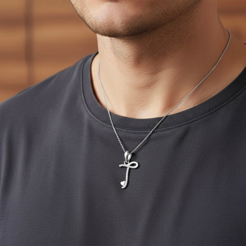 rhodium plated 925 sterling silver letter T pendant