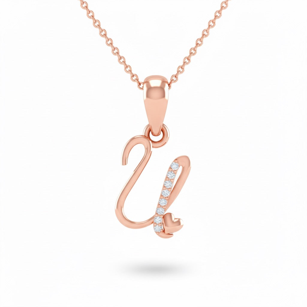 rose gold plated 925 sterling silver letter U pendant with chain