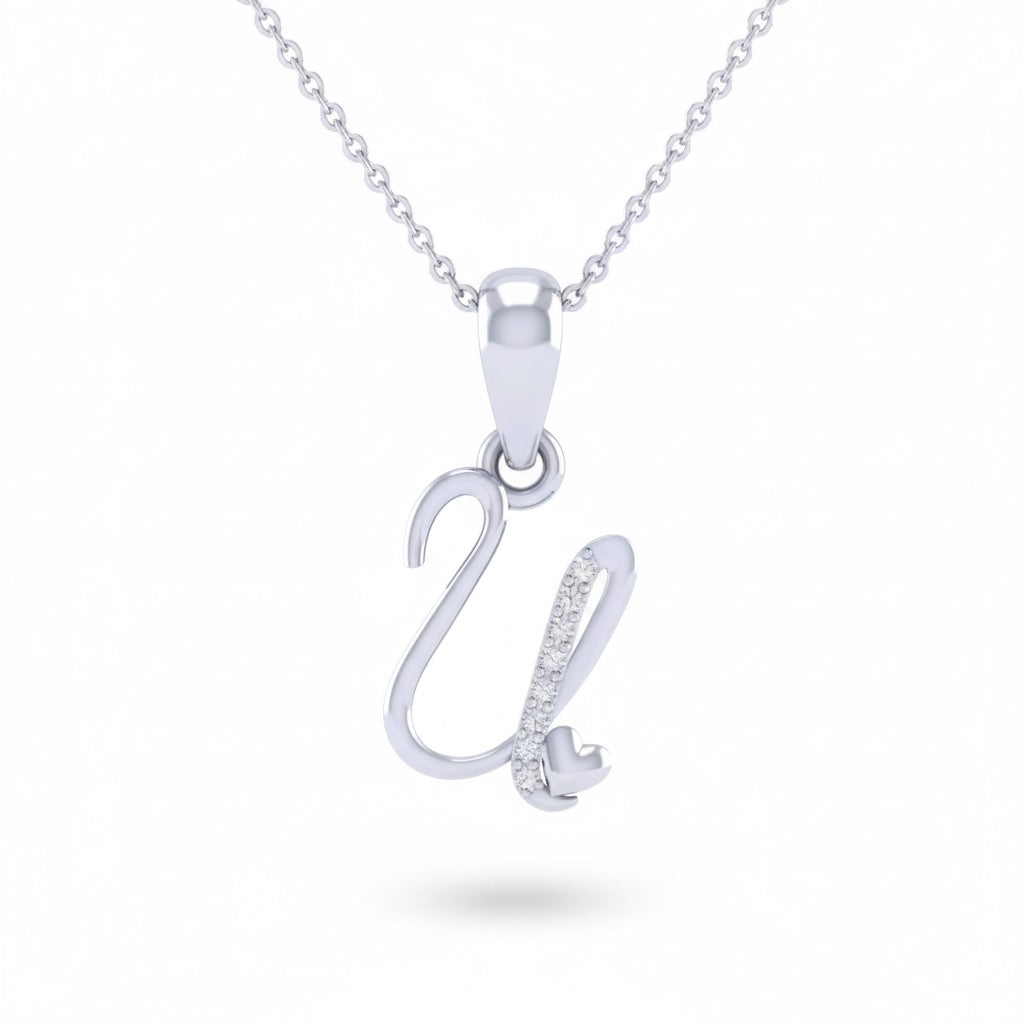 rhodium plated 925 sterling silver letter U pendant with chain