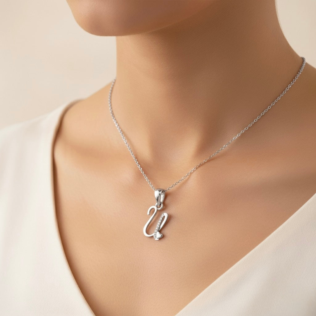 rhodium plated 925 sterling silver letter U pendant