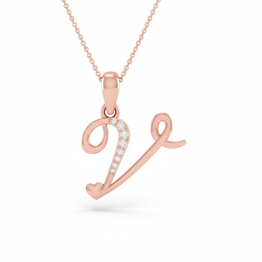rose gold plated 925 sterling silver letter V pendant with chain