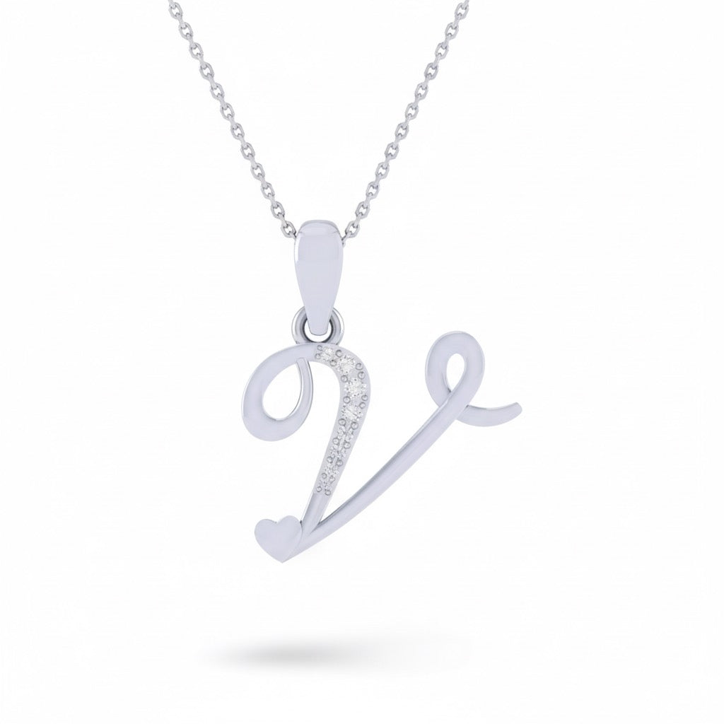 rhodium plated 925 sterling silver letter V pendant with chain