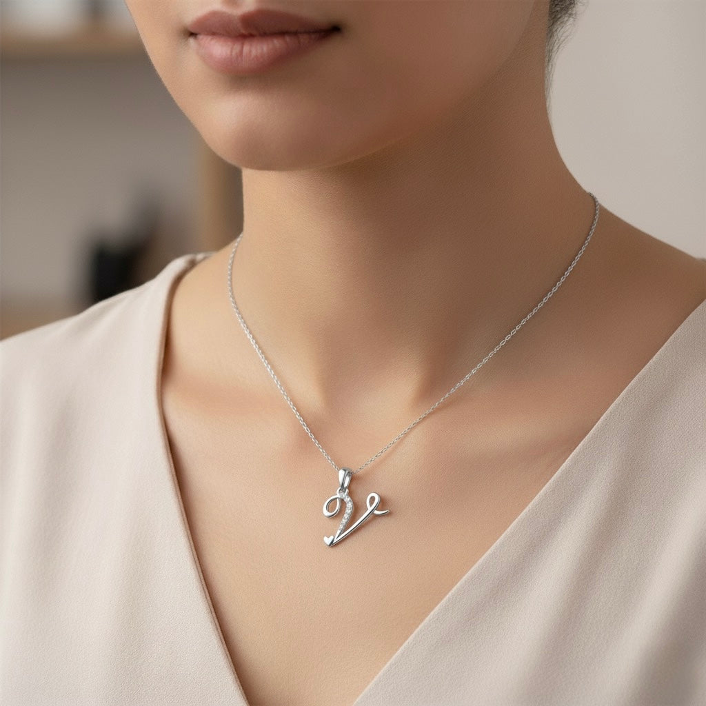 rhodium plated 925 sterling silver letter V pendant