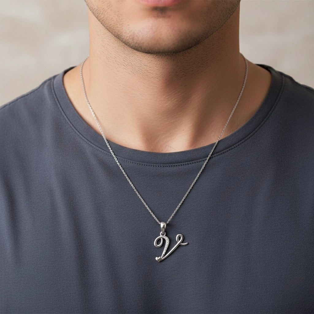 rhodium plated 925 sterling silver letter V pendant