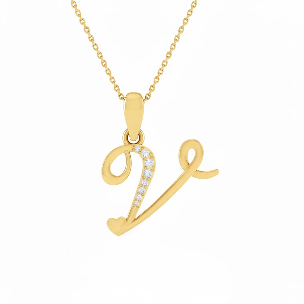 gold plated 925 sterling silver letter V pendant with chain
