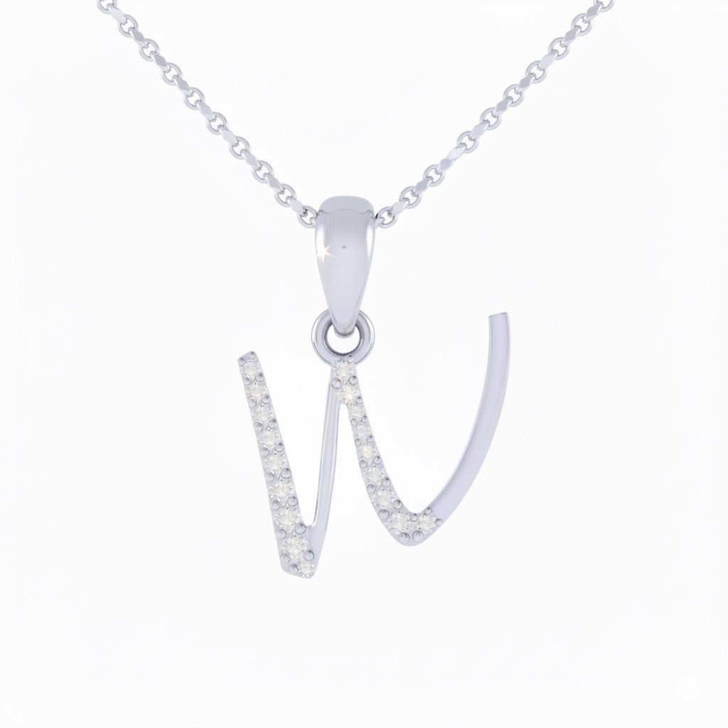 rhodium plated 925 sterling silver letter W pendant with chain