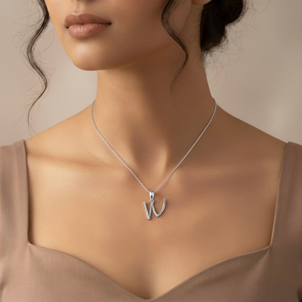 rhodium plated 925 sterling silver letter W pendant