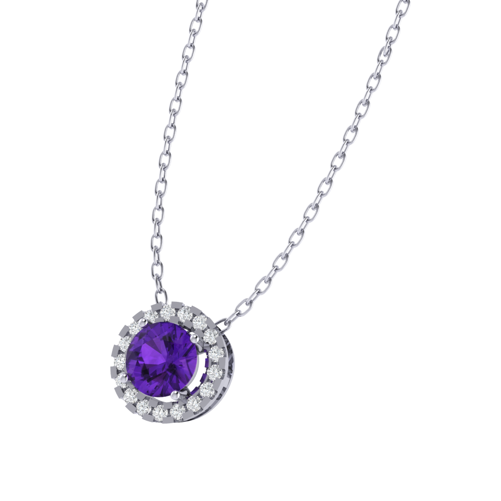 white gold plated sterling silver round shape amethyst pendant