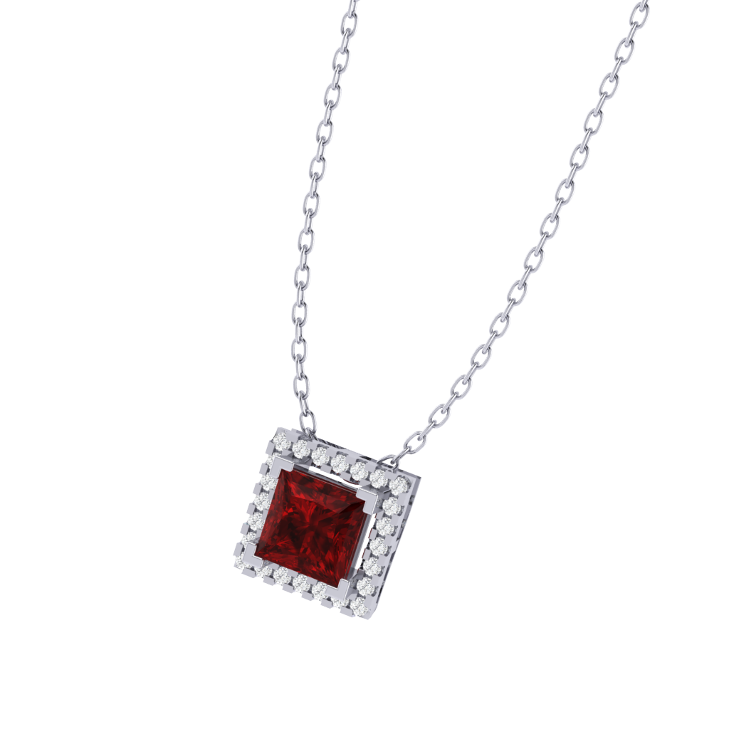 white gold plated sterling silver princess shape ruby pendant