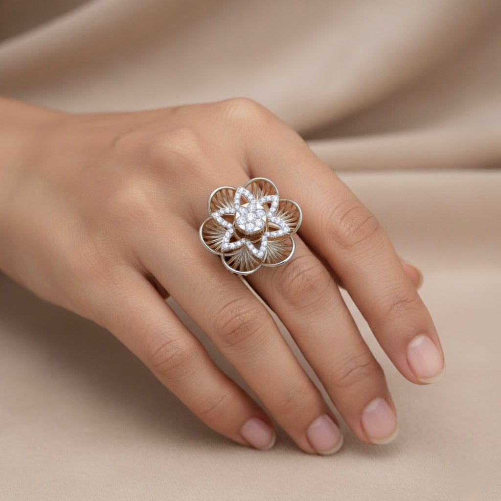 Diamtrendz 925 sterling silver Rhodium plated cubic zirconia floral ring