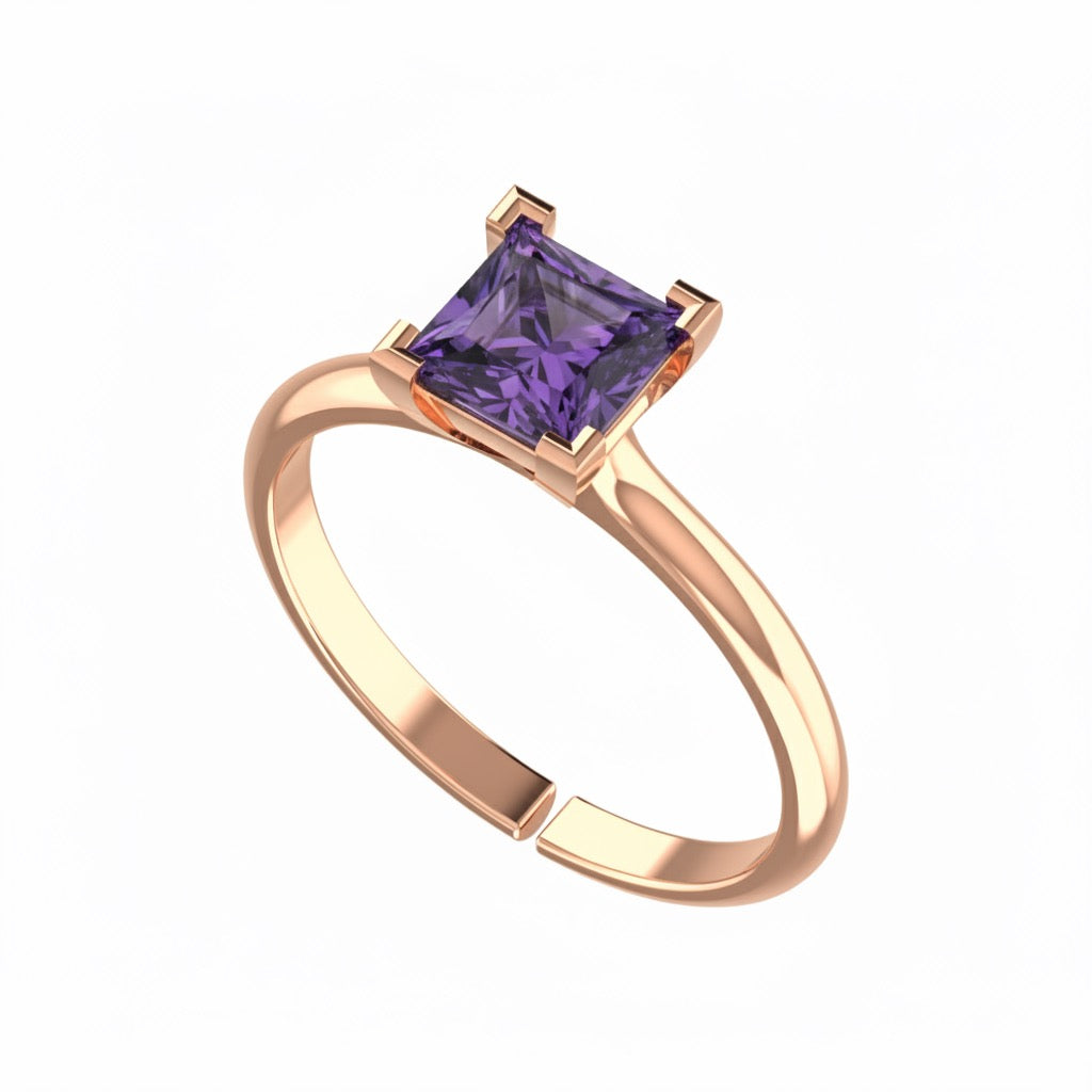 rose gold plated pure silver square amethyst gemstone adjustable ring
