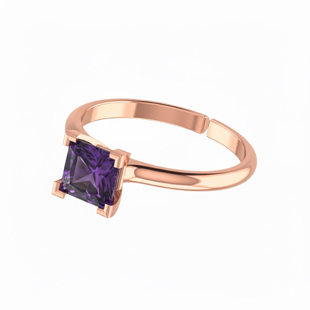 rose gold plated pure silver square amethyst gemstone adjustable ring